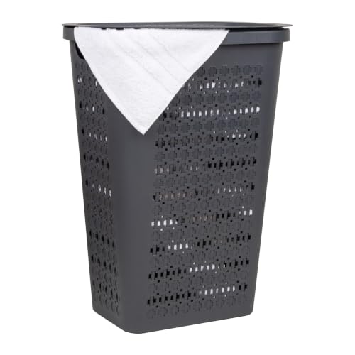 Mind Reader Slim Tapered Laundry Hamper with Lid, Clothes Basket with Swiss Cross Cut-Outs, Lightweight & Ventilated, Plastic, 16.75"L x 12.75"W x 23"H, Gray - color: Gray