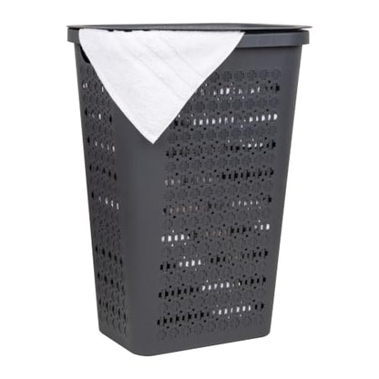 Mind Reader Slim Tapered Laundry Hamper with Lid, Clothes Basket with Swiss Cross Cut-Outs, Lightweight & Ventilated, Plastic, 16.75"L x 12.75"W x 23"H, Gray - color: Gray