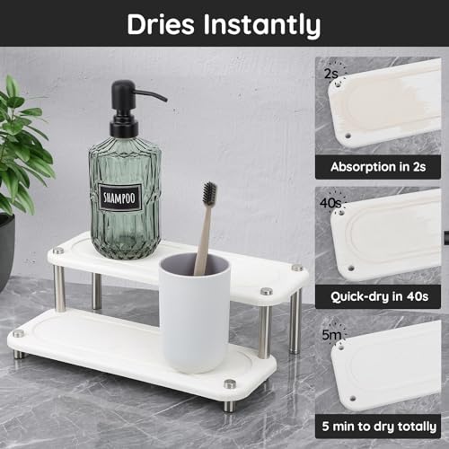 Segbeauty 2 Tier Instant Dry Counter Organizer, 11x4.3in Quick Dry Diatomaceous Earth Stone Drying Tray, Water Absorbing Stone Fast Drying Countertop Rack Sponge Soap Holder for Kitchen Bathroom White - color: Pure White