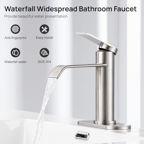 Bathroom Sink Faucet 1 Hole with Metal Pop-up Drain Brushed Nickel | Single Handle Bathroom Faucet with Supply Lines and Deck, Modern Waterfall Bathroom Faucets, for 1 or 3 Hole, G-7001BN - color: Brushed Nickel
