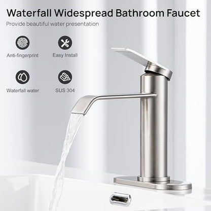 Bathroom Sink Faucet 1 Hole with Metal Pop-up Drain Brushed Nickel | Single Handle Bathroom Faucet with Supply Lines and Deck, Modern Waterfall Bathroom Faucets, for 1 or 3 Hole, G-7001BN - color: Brushed Nickel