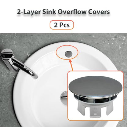 2 Pcs Sink Overflow Covers,2-Layer Sink Copper Over Flow Rings,Bathroom Basin Insert in Hole Round Caps Replacement Dual Layer Overflow Cover Rings for Sink,Bathroom,Kitchen(Silver) - color: Silver