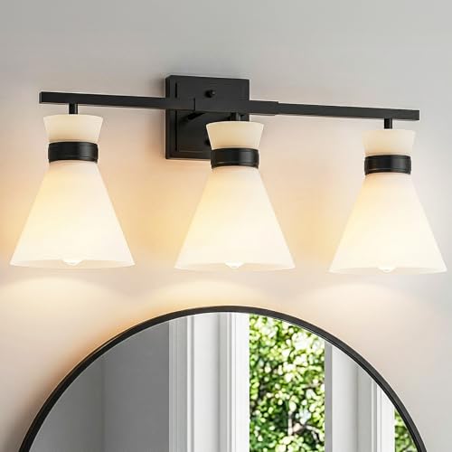 Matte Black Bathroom Vanity Lights, 3-Light Bathroom Light fixtures Over Mirror, Modern Vanity Lighting Fixtures with Frosted Glass Shades E26 Base,Wall Mount Scones for Mirror (Bulbs Not Included) - color: Black
