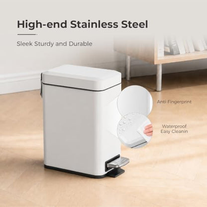 Sineng Bathroom Trash Can with Lid Soft Close, 1.6 Gallon Stainless Steel Small Pedal Garbage Can with Removable Inner Bucket, Waste Bin for Kitchen Bedroom, Compact Toilet Trash Bin, White - color: white