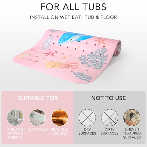 PRATIQUE Kids Bath Mat for Tub Non Slip，40 X 16 Inch Extra Long Kids Bathtub Mat Ocean Bathtub Shower Mat Safety Anti Slip with Suction Cups and Drain Holes, Machine Washable(Pink Whale) - color: Pink