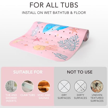 PRATIQUE Kids Bath Mat for Tub Non Slip，40 X 16 Inch Extra Long Kids Bathtub Mat Ocean Bathtub Shower Mat Safety Anti Slip with Suction Cups and Drain Holes, Machine Washable(Pink Whale) - color: Pink