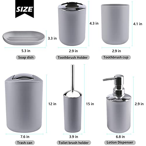 Compact 6-Piece Grey Plastic Bathroom Accessories Set with Small Trash Can, Soap Dispenser, Toothbrush Holder, Cup, Soap Dish, Toilet Brush for Guest Bathroom Dorm Apartment - color: Grey