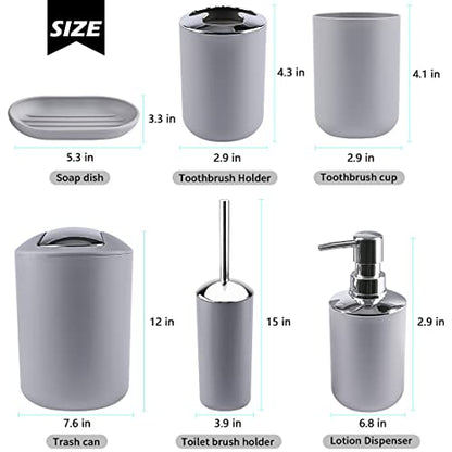 Compact 6-Piece Grey Plastic Bathroom Accessories Set with Small Trash Can, Soap Dispenser, Toothbrush Holder, Cup, Soap Dish, Toilet Brush for Guest Bathroom Dorm Apartment - color: Grey