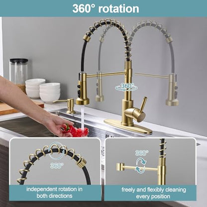 Gold Kitchen Faucets with Pull Down Sprayer and Soap Dispenser, Stainless Steel Single Pull Out Spring Sink Faucet, 3 Function Sprayer 1 or 3 Hole Deck Plate for Farmhouse Rv Bar - color: Gold, style: Classic(with Soap Dispenser)