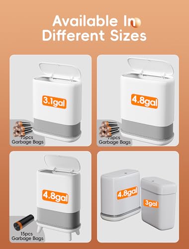 Dog Proof Small Bathroom Trash Can with Lid, Slim Press Top Garbage Can, Narrow White Plastic Waste Basket, for Bathroom Bedroom Office 4.8 Gal with 5 Rolls 75 Trash Bags