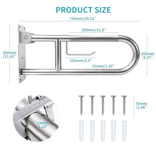 30'' Flip-Up Toliet Grab Bar with Paper Holder, Anti-Slip Knurled Grip | Stainless Steel U-shaped Wall Mounted Toilet Safety Rail, Designed for Seniors, Disabled & Post-surgery Bathroom Assistance - size: 30 Inch