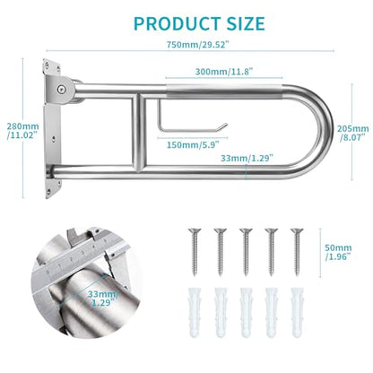 30'' Flip-Up Toliet Grab Bar with Paper Holder, Anti-Slip Knurled Grip | Stainless Steel U-shaped Wall Mounted Toilet Safety Rail, Designed for Seniors, Disabled & Post-surgery Bathroom Assistance - size: 30 Inch
