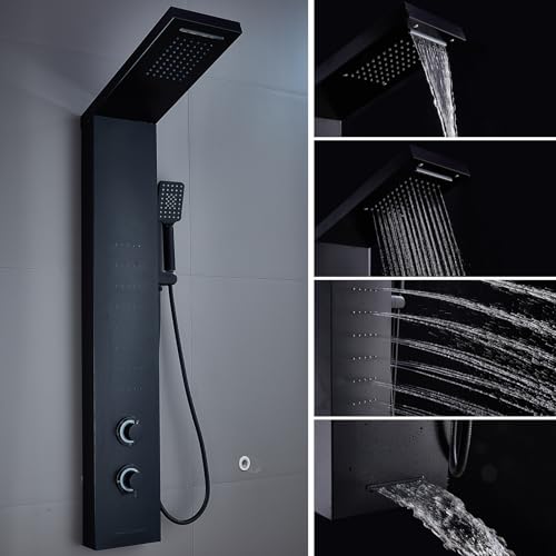 ELLO&ALLO Stainless Steel Shower Panel Tower System, Rainfall Head Rain Massage System with LED Body Jets, Black - color: Black