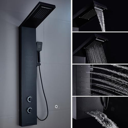 ELLO&ALLO Stainless Steel Shower Panel Tower System, Rainfall Head Rain Massage System with LED Body Jets, Black - color: Black
