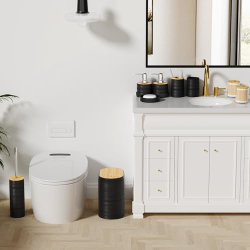 XLHOMO Black Bathroom Set - 10PC Bathroom Accessories Set, Luxury Bathroom Accessory Set with Trash Can,Toilet Brush & 2 PC Soap Dispensers for Apartment Decor and Housewarming - size: Press-lid Bathroom Set, style: Black