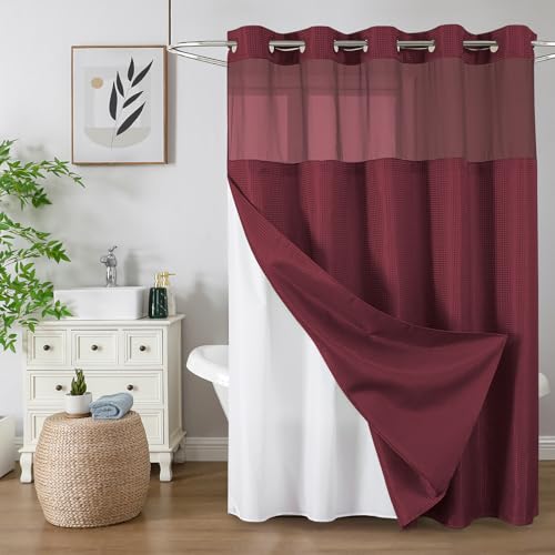 Colorful Star No Hook Waffle Shower Curtain with Snap in Fabric, Waterproof Shower Curtains with See Through Top Window, Hotel Luxury Heavy Duty Bathroom Curtain and Liner Set, 72'' x 75'', Burgundy - color: Burgundy, size: 72"W x 75"L (Pack of 1)