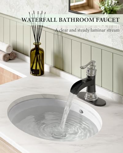 Bathroom Sink Faucet Waterfall Single Handle Matte Black and Brushed Nickel | Lavatory Vanity Basin Mixer Tap One Hole Lever Deck Mount Commercial Supply Line by Homevacious - color: Black & Nickel