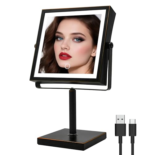 Ruacq Makeup Mirror with Lights, 4000mAh Rechargeable Magnifying Mirror with Light, 1X/10X, Height Adjustable Bathroom Vanity Mirror, 3 Colors, Adjustable Brightness (Oil Rubbed Bronze) - color: Oil Rubbed Bronze