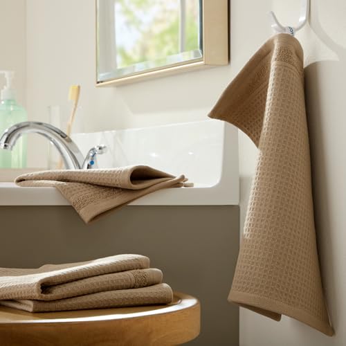 Town & Country Basics 4-Piece Waffle Woven Terry Stripe Washcloth Set, 13x13-Inch, 100% Cotton, Quick Dry, Taupe - color: Taupe