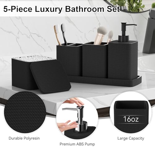 Matte Black Bathroom Accessories Set 5 Pieces, Resin Toothbrush Holders Set Complete with Soap Dispenser, Toothbrush Holder, Vanity Tray, Bathroom Tumbler and Qtip Holder for Small Spaces - size: 5 Pcs Bathroom Set, style: Black