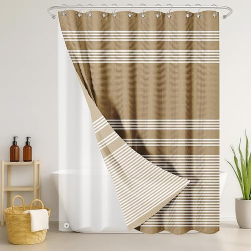 3 in 1 Shower Curtain and Liner,72 x 72 inch, Striped Geometric | Neutral Beige Modern Double Layers Waterproof Fabric with See Through Top Window Open Grommet Bath Curtain - color: Beige Striped Geometric