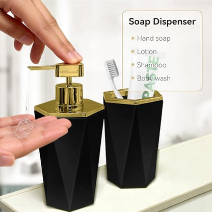 2 Piece Plastic Bathroom Accessories Set, Black Bathroom Sets Accessories | Soap Dispenser and Toothbrush Holder, Modern Bathroom Decor, Bathroom Sets Accessories