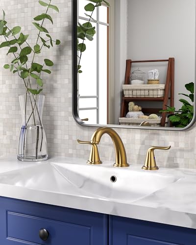 WOWOW Widespread Bathroom Faucet Brushed Gold Bathroom Sink Faucet 3 Hole Vanity Faucet 2 Handle Basin Faucets 8 Inch Mixer Tap with Pop Up Drain and Supply Hose - color: Brushed Gold