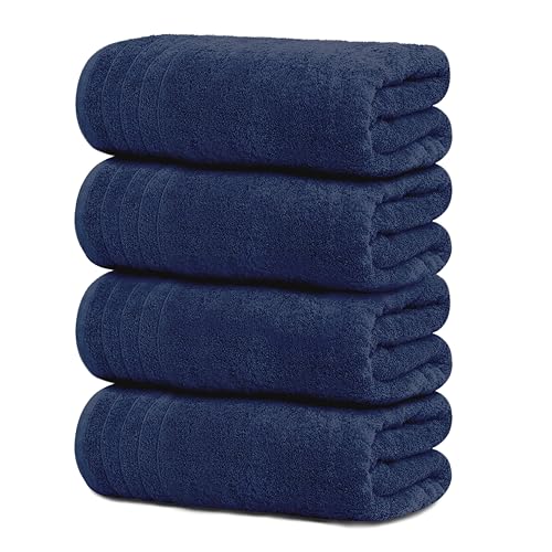 4 Piece Extra Large Bath Towels 30 x 60 Inches, Navy | 100% Cotton, Larger & Lighter Weight, Quicker to Dry, Super Soft and Absorbent, Perfect for Bathroom - color: Navy