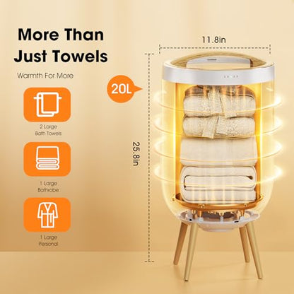 STARLEAD 20L Heated Towel Warmers for Bathroom Large Towel Warmer Bucket | Wood Handle, Auto Shut Off, Bluetooth and RGB, Fits Up to Two 40"X70" Oversized Towels, Bathrobes, Blankets - color: White-round