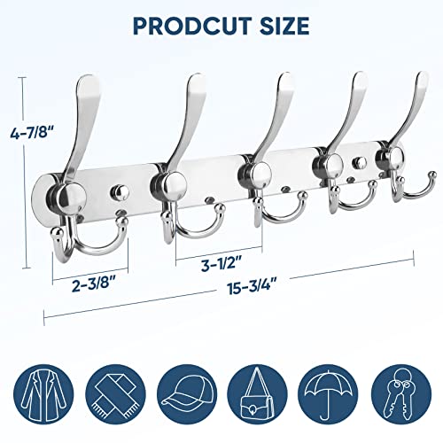 TICONN Wall Mounted Coat Rack, Five Heavy Duty Tri Hooks All Metal Construction for Jacket Coat Hat in Mudroom Entryway (Chrome, 2-Pack) - color: Chrome