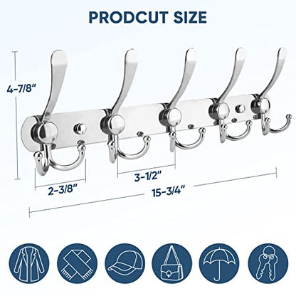 TICONN Wall Mounted Coat Rack, Five Heavy Duty Tri Hooks All Metal Construction for Jacket Coat Hat in Mudroom Entryway (Chrome, 2-Pack) - color: Chrome
