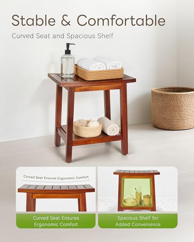 Upolana Teak Shower Bench, 16" Solid Acacia Wood Shower Stool Waterproof Shower Seat with Storage Shelf for Bathroom, Indoor & Outdoor Use