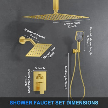 Shower Faucet Set, 12" Ceiling Mount Rainfall Shower System with 2 Rain Shower Head and Multi-function Handheld Head Push Button Diverter Shower Faucet Trim Kit (12", Brushed Gold) - color: Brushed Gold, style: 12"-Ceiling-01