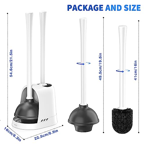 Toilet Plunger and Brush, 2 Pack Bowl Brush and Heavy Duty Toilet Plunger Set with Ventilated Holder, 2-in-1 Toilet Brush and Plunger Combo for 5.3-inch Toilet Drain Bathroom Cleaning - color: White