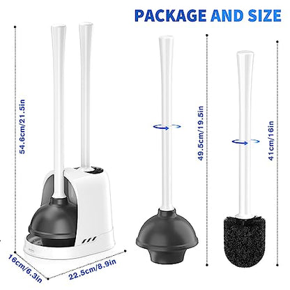 Toilet Plunger and Brush, 2 Pack Bowl Brush and Heavy Duty Toilet Plunger Set with Ventilated Holder, 2-in-1 Toilet Brush and Plunger Combo for 5.3-inch Toilet Drain Bathroom Cleaning - color: White
