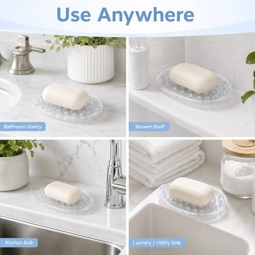 4-Pack Self-Draining Soap Holder, Clear Plastic Soap Saver Tray with Raised Ridges for Bathroom Shower and Kitchen Sink