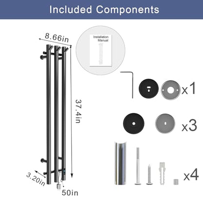 Electric Heated Towel Rack with Timer, Wall-Mounted Towel Warmer, 3 Vertical Bars, Plug-in or Hardwired, 37.4 Inch Height, Round Design (Black) - color: Black