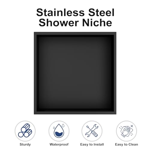 Achelous Stainless Steel Insert Shower Niche 12" X 12" NO Tile Needed, Bathroom Wall Niche Recessed Shower Shelf Organizer, Wall-Inserted Niche Recessed Shower Caddy, Matte Black - color: Matte Black, size: 12" X 12"