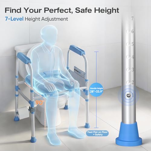 Padded Toilet Seat Riser for Seniors FSA/HSA Eligible, Adjustable Safety Frame Raised Toilet Seat with Handles, Heavy Duty Bariatric Recovery Elderly Assistance Products, Fits Round & Elongated - color: Light Blue
