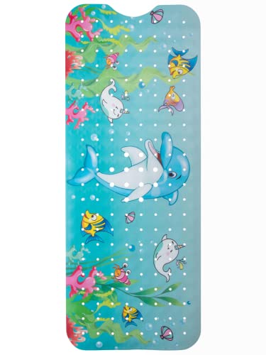 ENKOSI Non-Slip Bath & Shower Mat 40x16 Extra Long, Suction & Drain Holes | Fun dolphin print for kids; Durable PVC; 40x16 in, Dolphin - color: Dolphin Print