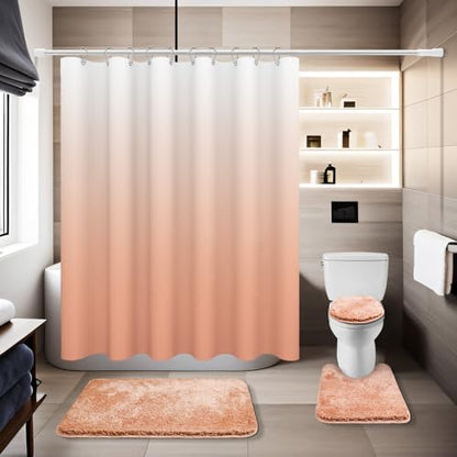 Shower Curtain Sets with Rugs and Adjustable Toilet Seat Cover | 4 Pcs Blush Pink Bathroom Sets with Shower Curtain and Rugs and Microfiber Toilet Lid Cover - color: Blush Pink