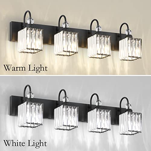 Ralbay Matte Black Crystal Vanity Light 4 Light Modern Crystal Bathroom Lighting Fixtures Over Mirror, Crystal Black Bathroom Vanity Light - color: Square-Black, size: 4-light
