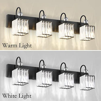 Ralbay Matte Black Crystal Vanity Light 4 Light Modern Crystal Bathroom Lighting Fixtures Over Mirror, Crystal Black Bathroom Vanity Light - color: Square-Black, size: 4-light