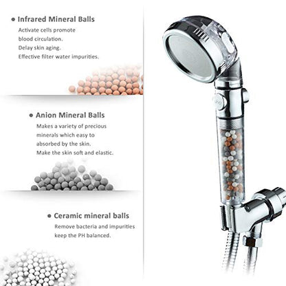 Filtered Shower Head with Purifying Beads – 3 Function High Pressure Handheld Shower for Hard Water – Removes Chlorine & Impurities, Softens Skin/Hair – On/Off Switch, Adjustable Bracket & Hose