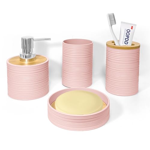 Seeatoo Bathroom Accessories Set 4PCS,Pink Bamboo Bathroom Sets Accessories | Bamboo Bathroom Accessory Set Includes Soap Dish, Soap Dispenser, Toothbrush Holder, Toothbrush Cup, Boho Bath Decor : Home & Kitchen
