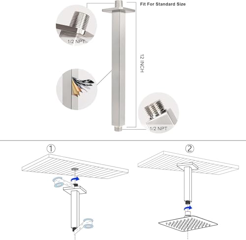 NearMoon Rain Shower Head With Shower Arm, Ceiling Mount Square Shower, Stainless Steel Ceiling Rainfall Showerhead- Waterfall Full Body Coverage (12 Inch, Brushed Nickel) - color: Brushed Nickel, size: 12 Inch