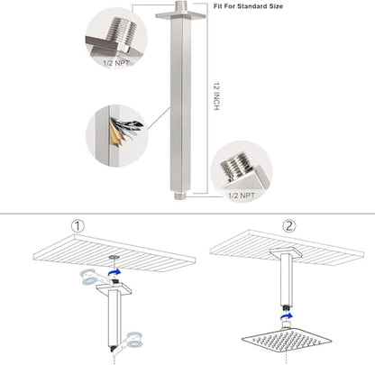 NearMoon Rain Shower Head With Shower Arm, Ceiling Mount Square Shower, Stainless Steel Ceiling Rainfall Showerhead- Waterfall Full Body Coverage (12 Inch, Brushed Nickel) - color: Brushed Nickel, size: 12 Inch