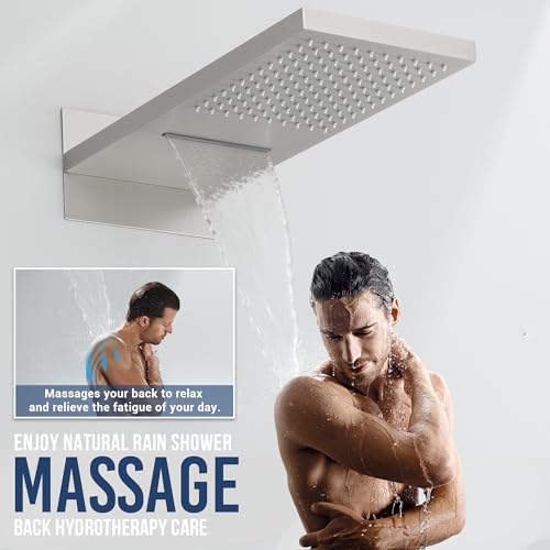 Thermostatic Shower System, Waterfall Shower Head(Brushed Nickel) | 22-Inch Rain & Waterfall Large Shower Head, High Pressure Handheld Sprayer, 3 Modes Push Button Valve - color: Brushed Nickel