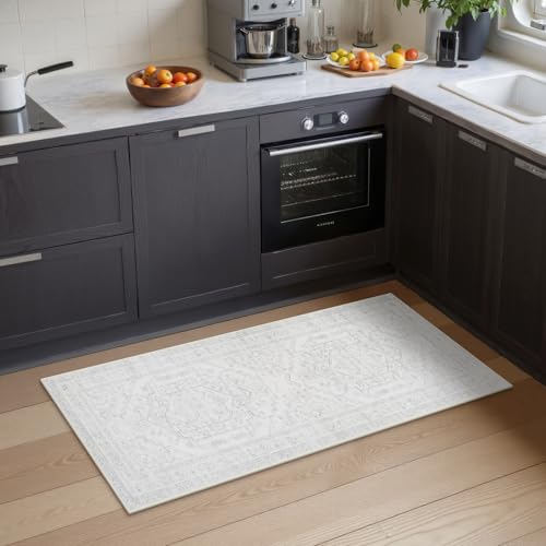 Uphome Boho Kitchen Runner Rug, 2x5 Washable Hallway Runner Rugs Non Slip, Soft Modern Entryway Carpet Runners Low Pile, Non Shedding Rug Runner for Laundry Bedroom Bathroom, Ash White - color: Ash White, size: 2'x5'