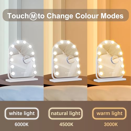 Makeup Mirror with Lights-3 Modes,Smart Touch Control,Detachable 10X Magnification,15.7"×11.8" Hollywood Vanity,360° Rotation （White） - size: 15.7"L x 11.8"W